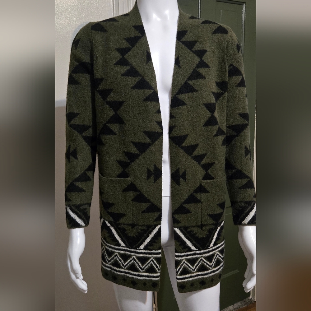 Frye Olive and Black Patterned Cardigan Soft